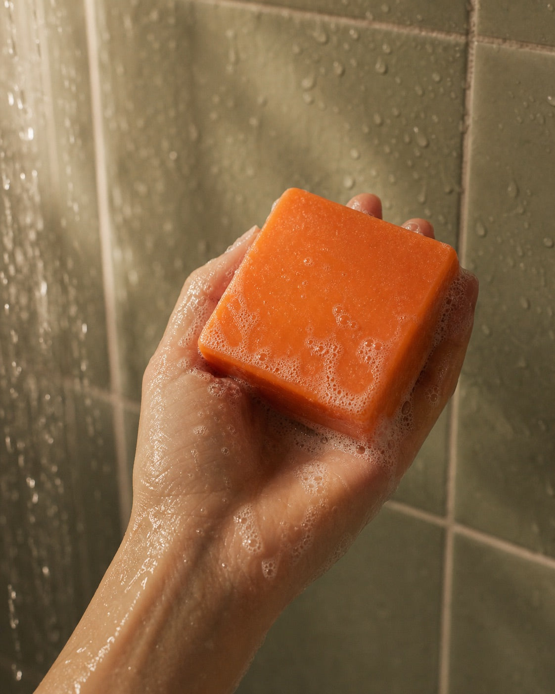 ABLUVO body cleansing bar held under the shower