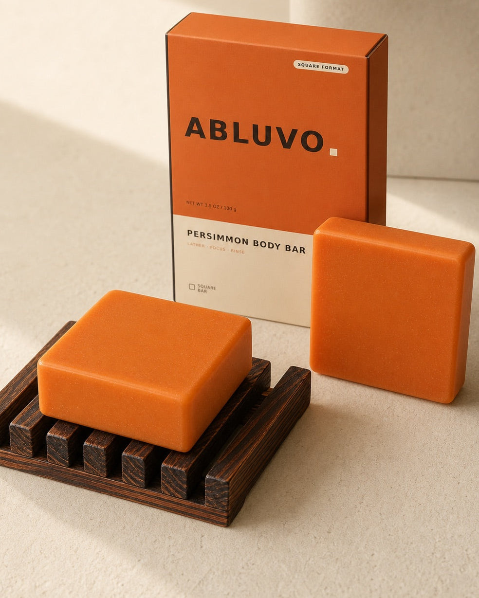 Two ABLUVO Persimmon Body Cleansing Bars with packaging