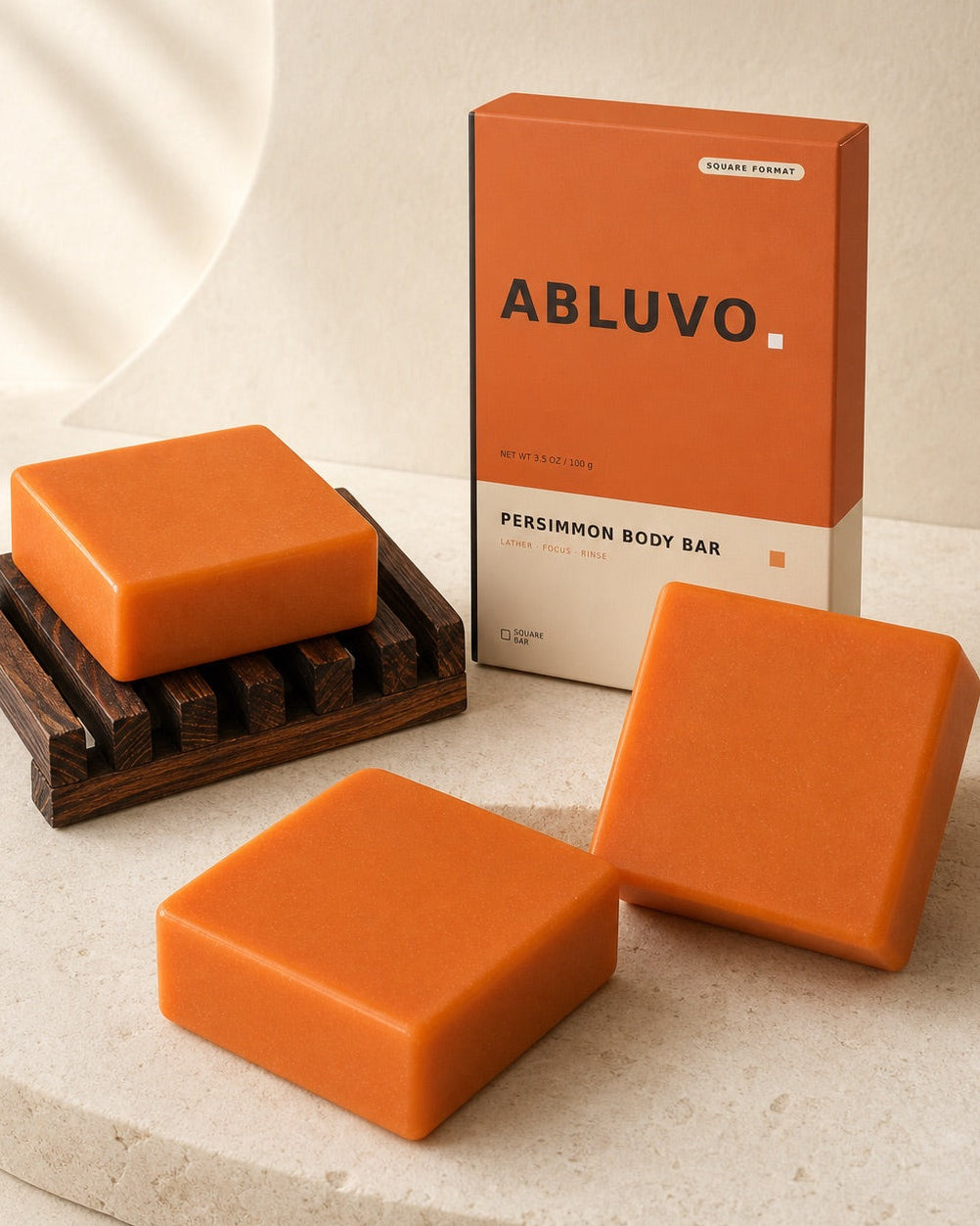 Three ABLUVO Persimmon Body Cleansing Bars with packaging