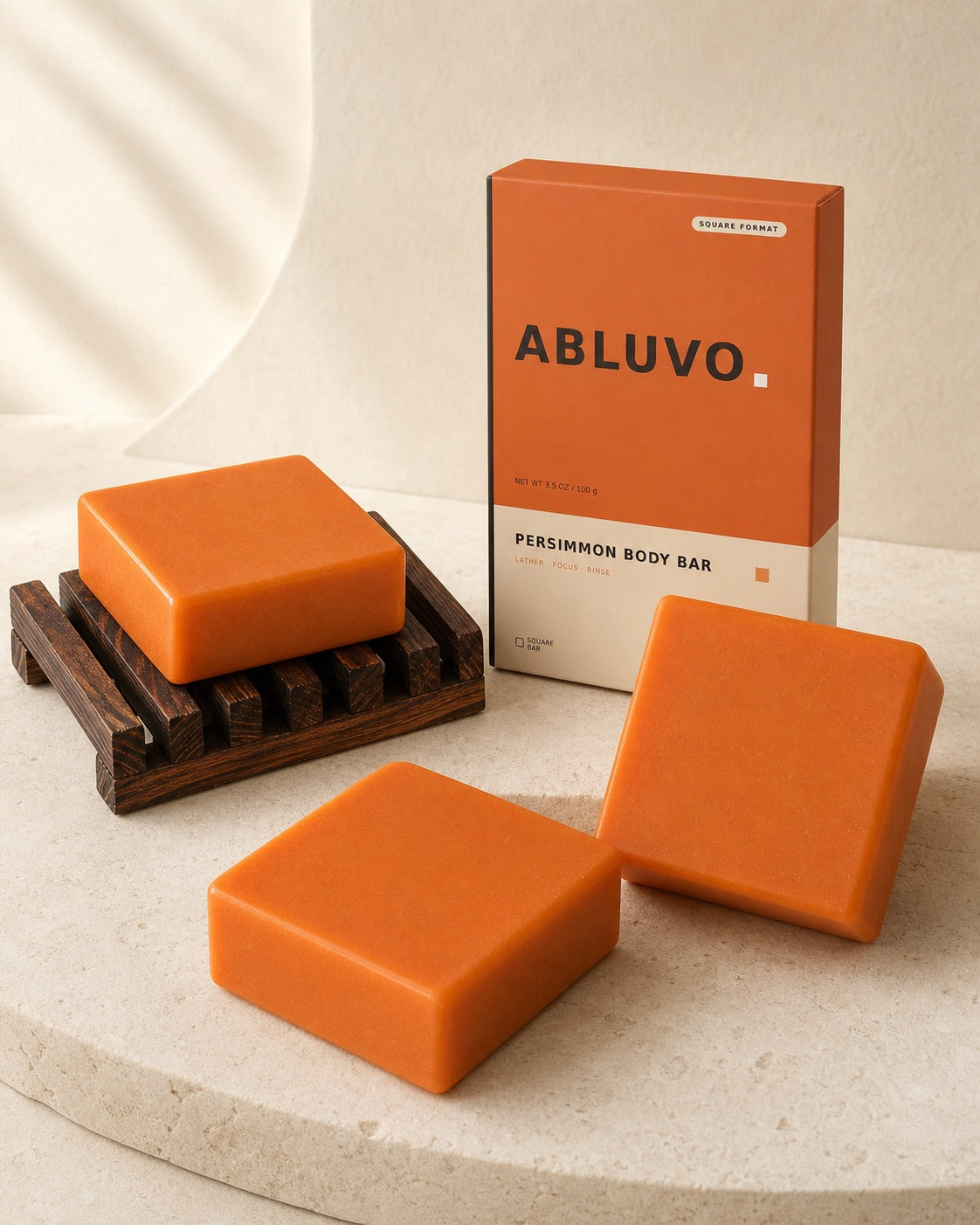 Three ABLUVO Persimmon Body Cleansing Bars with packaging