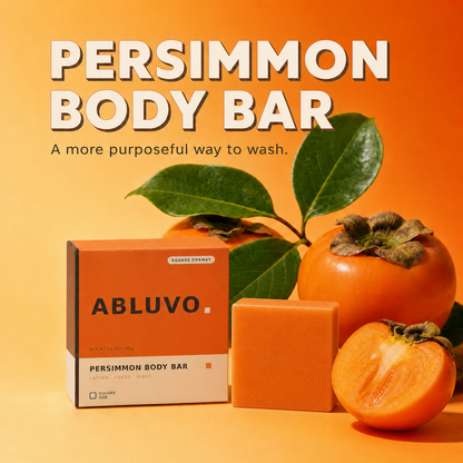 ABLUVO Persimmon Body Cleansing Bar and persimmon fruit